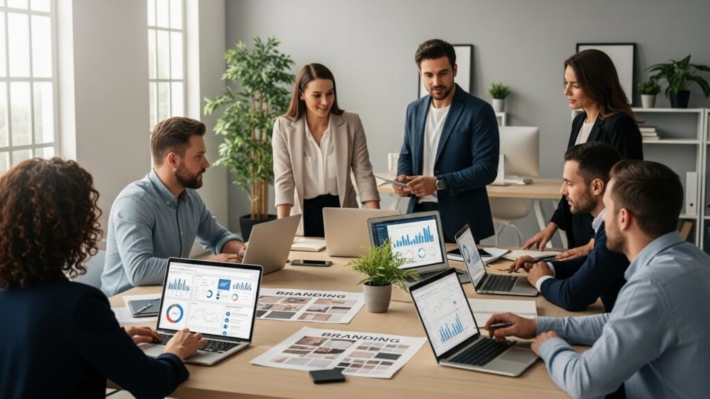 A digital marketing agency team working together in an office
